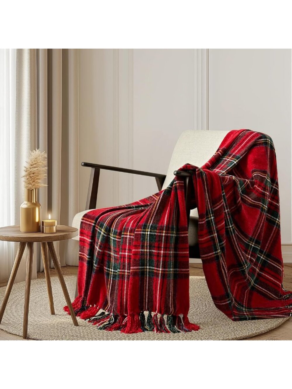 Cozy Red Stewart Plaid Chenille Christmas Throw Blanket, 60"x80", Holiday Decor